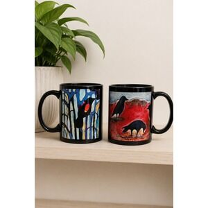 Original Art Black Crow Mug Set 2 Artisan Made 11oz Coffee Mugs Raven Folk Goth